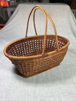 Vintage Handmade Woven Wicker Gathering Basket with Double Swing Handles