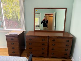 Vintage dresser, bedside table, and mirror
