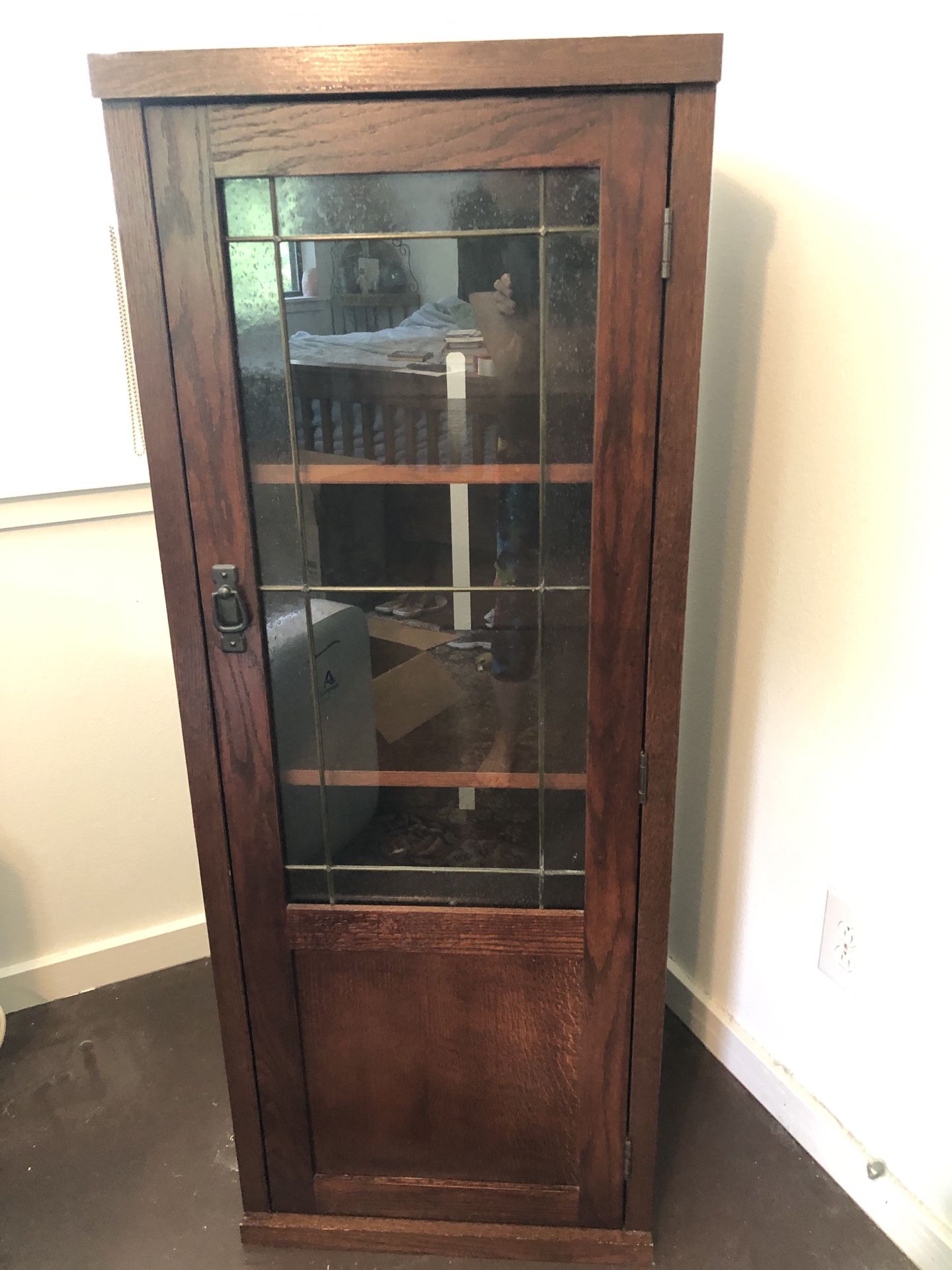 Redwood stereo cabinet. Solid wood, 3 shelves, metal/glass panels in door