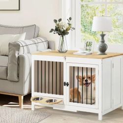 WH 39.4" Furniture-Style Dog Crate for Small & Medium Dogs - Foldable Wood Dog Kennel for Indoor/Outdoor Use, White