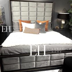 Grey Velvet Queen Bed 🔥buy Now Pay Later 