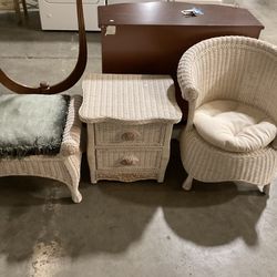 Wicker Chair, Ottoman, & End Table/Nightstand Set