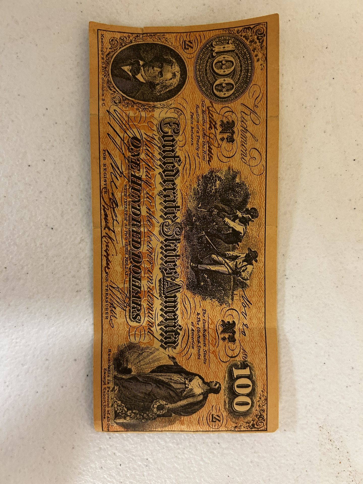 1862 Confederate States Of America 100 Dollar Bill