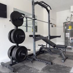 New Squat Rack Power Cage + 260 Lb Olympic Bumper Weight Plate Set + Barbell + Adjustable Weight Bench + Weight Tree Complete Home Gym 