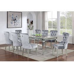 Firm Price $2,140 Brand New In Box 9 Piece Dining Set Mirrored Table Grey Velvet Chairs With Faux Crystals