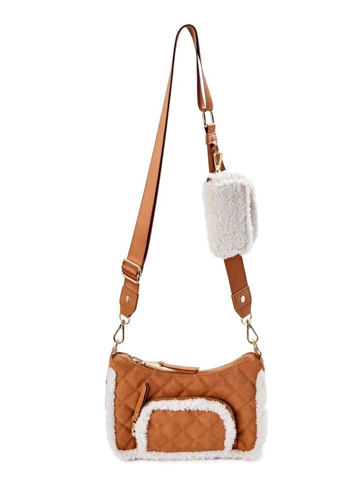 Madden NYC Womens Quilted Crossbody Bag with Faux Sherpa Pouch