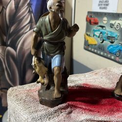 Vintage Antique Ceramic Chinese Man with Fish Statue 8.5 Inches Tall