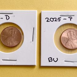 2025 - Last Year Of The Lincoln Cent, 2 Coins, Brilliant Uncirculated From The Philadelphia & Denver Mints, Multiple Sets Available.