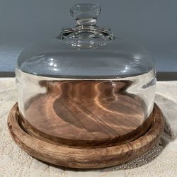Vintage Domed Glass Cloche/ Cheese Board with Genuine Teak Wood Base