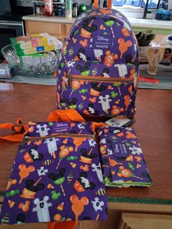 Loungefly Disney Halloween Mickey Treats mini backpack, crossbody bag, and wallet set