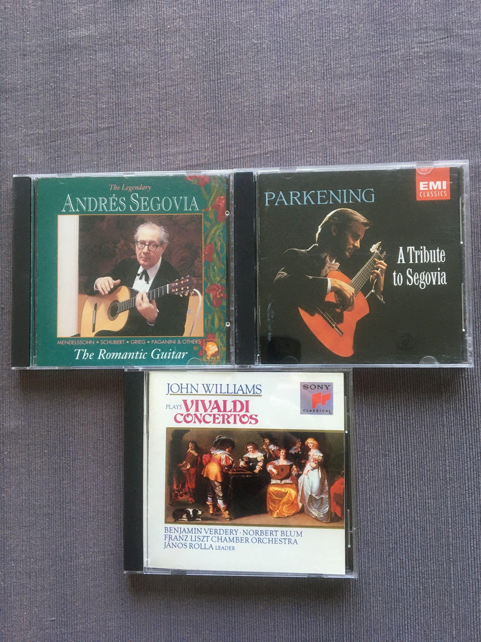 Classical Guitar Music By Three Virtuosos, lot of 3 CDs, new condition. The Legendary Andres Segovia The Romantic Guitar, Christopher Parkening A Trib