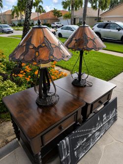 Pair of Tiffany Style Mission Table Lamps - Art Glass Shades