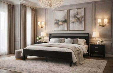 King bed Metal Platform Bed Frame with Wooden Headboard and Footboard, Mattress Foundation, No Box Spring Needed, Large Under Bed Storage, Non-Slip Wi