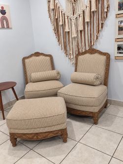 Accent Chairs + Matching Ottoman – Carved Wood