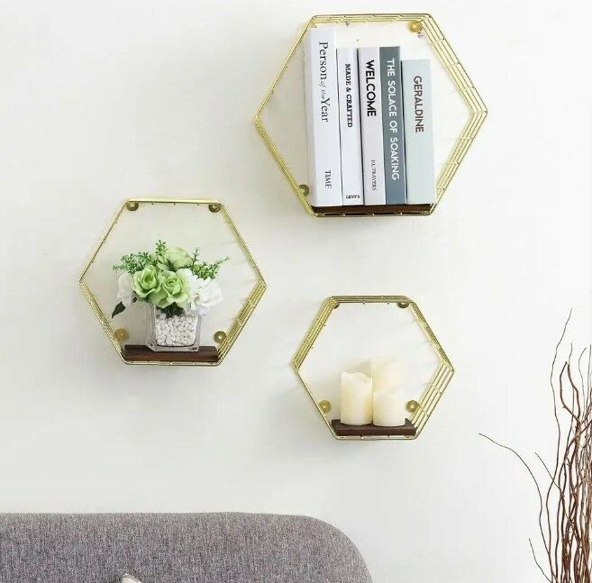 Set of 3 Hexagon Metal Wall Shelves – Gold Wire Frame – Modern Geometric Wall Decor (No Wooden Boards Included)