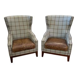 2 Soft Green Wingback Chairs Reversible Leather Seat Cushion