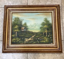 Framed Painting of Cabin by Trees & Dirt Path (28” Wide x 24” Tall)