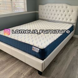 Queen White Crystal Button Bed With Ortho Matres!!