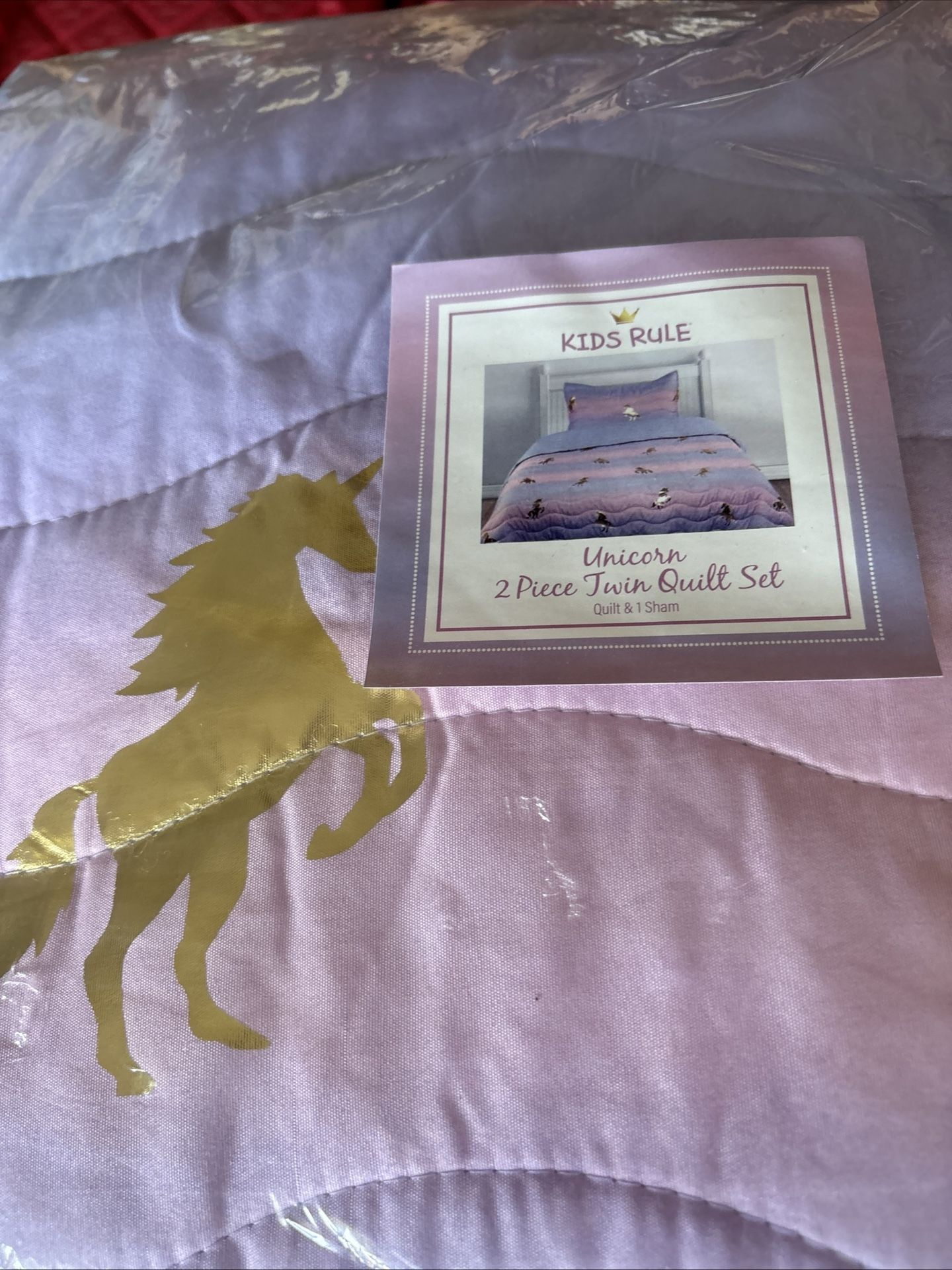 KIDS RULE UNICORN GOLD METALLIC PINK/PURPLE OMBRE REVERSIBLE TWIN QUILT SHAM SET