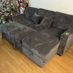 New Corduroy Fabric Sectional With Pullout Bed/ Chaise Storage.  Free Delivery!