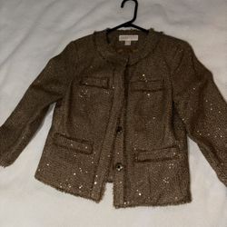 Michael Kors Tan Tweed Boucle Tiny Gold Sequin Fringe Bolero Jacket Sz 2