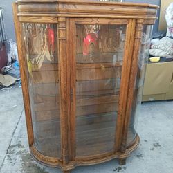 Vintage Oak Wood 3 shelf Curio Cabinet, Custom Interior Light, Curved Glass China Cabinet | 67in H, 56in W, 20in L