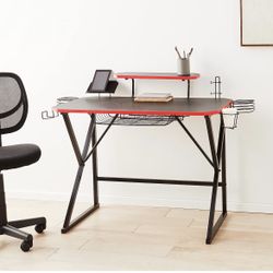 Amazon Basics Rectangular Gaming Computer Desk With Storage For Controller, Headphone & Speaker, Red & Black, 