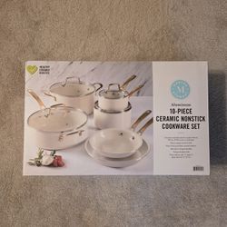 Martha Stewart 10-Piece Nonstick Pots and Pans Cookware Set with Gold Handles, Linen