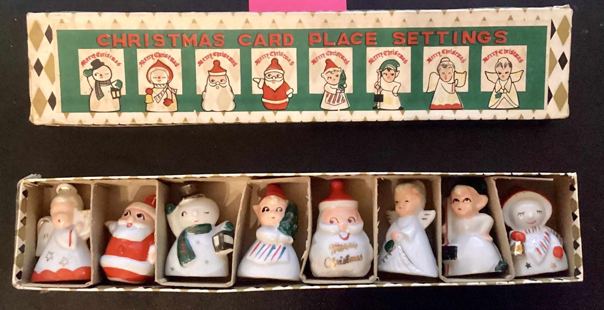 Vintage Commodore Ceramic Christmas Place Card Holders  Complete 8 Pcs W/Box