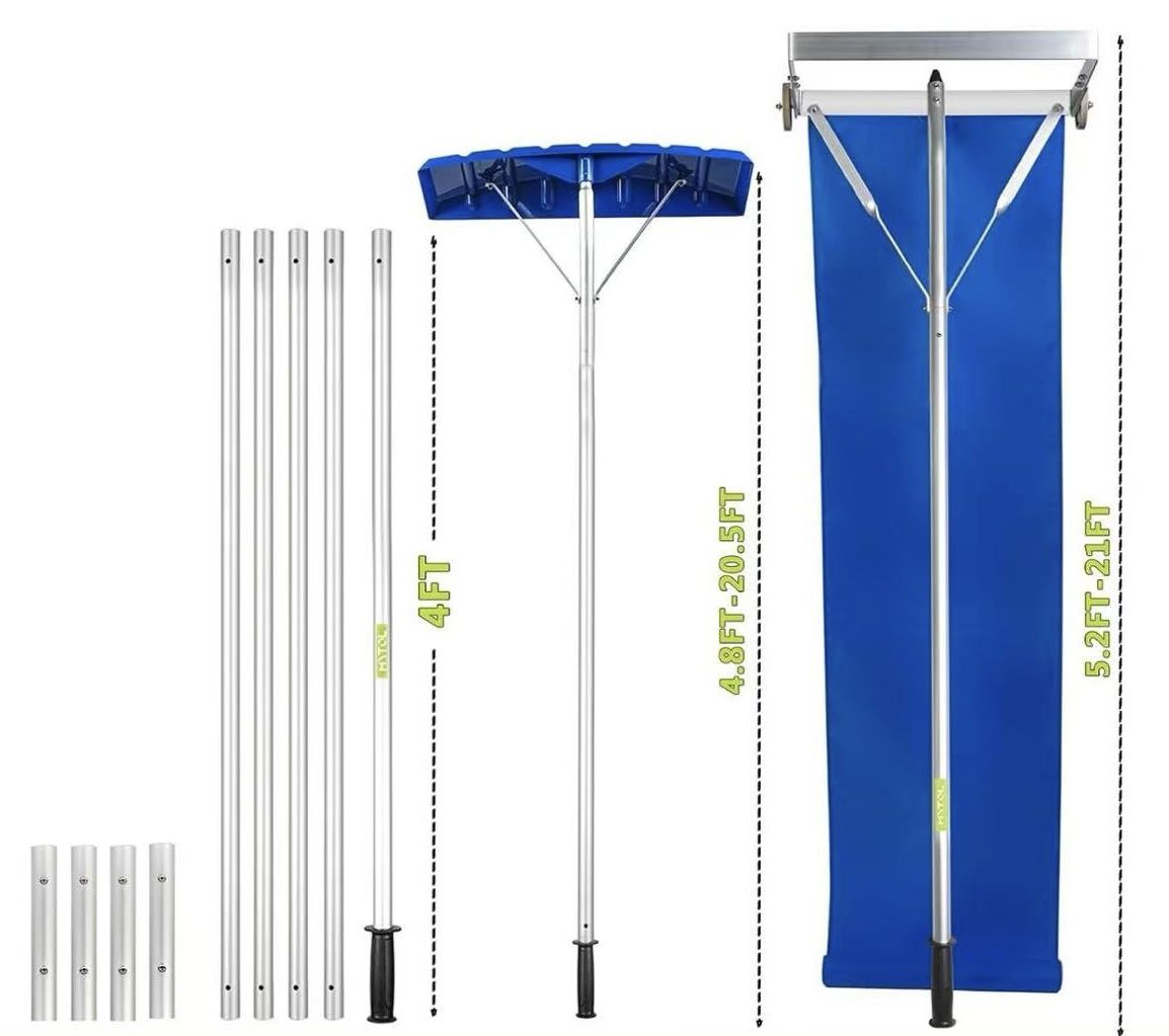 🥨2-in-1 Aluminium Snow Roof Rake, 5-21FT Extendable Roof Rake with 25" Balde, 15' Snow Slide, Large Wheels & Anti-Slip Handle, Lightweight Roof Snow