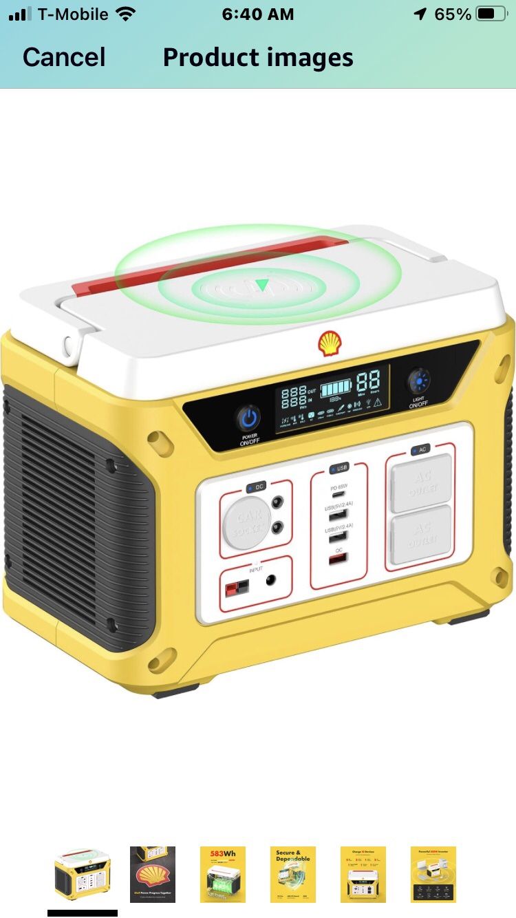 Shell 500W Portable Power Station, 583Wh Solar Generator with 10-Port,LED Light, Emergency Triangle, Portable Power Supply for Outdoor Camping/Home Us