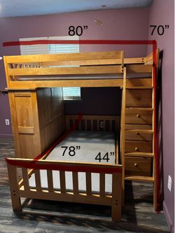 Solid wood bunk bed with desk