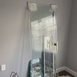 Shower doors frameless , (57-62”) 5 Foot +\~wide opening. chrome hardware like new.