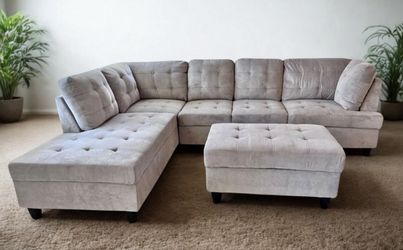 COSTCO Gray Chenille Sectional Couch And Ottoman 