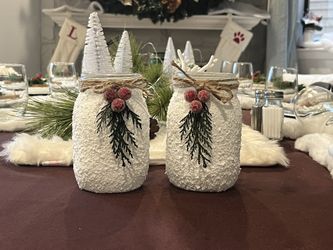 MASON JAR GIFT WINTER DECOR - Snow White Frosted w/ Berries Luminaries