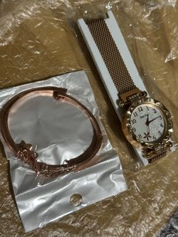 Combo Watch + Bracelet For Women With Rhinestone Decor Rose Gold Brand New Sealed Magnetic Lock