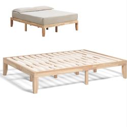 COSTWAY Queen Size Platform Bed Frame, 14 Inches Solid Rubber Wood Bed Mattress Foundation with Sturdy Slats Support, Easy Assembly Bed Frame for Home