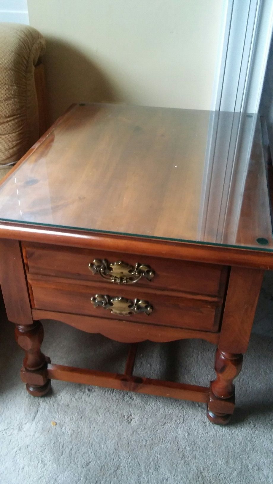 Solid Oak End table with drawer and top glass