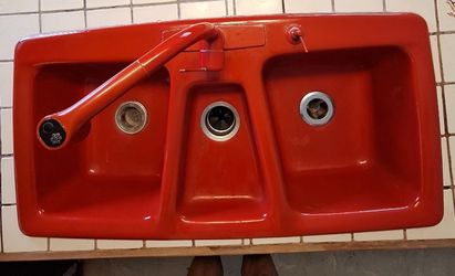 Antique Red Kohler Trieste triple sink cast iron
