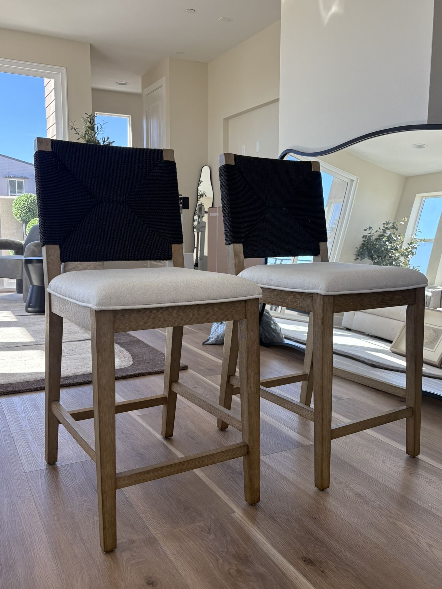 2 Boucle & Seagrass Boho Counter Height Bar Stool Black