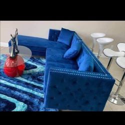 Blue velvet ( grey option) 106"x72" cozy  comfortable couch either side corner