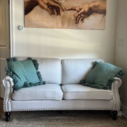 White Fabric Loveseat Sofa – Includes 2 Decorative Pillows