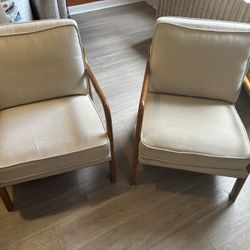 Two-Chair Set, Beige Fabric With Wooded Side Frame