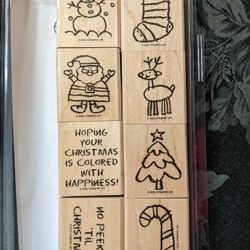 Stampin Up, 2002 Crayon Christmas, Eight Piece Rubber Ink Wood Mounted Stamp Set