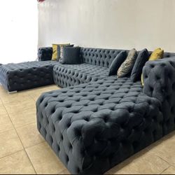 Brand New Grey Blue Anthracite Color Luxury Velvet Tufted U Shape Sectional 