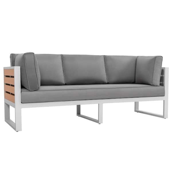 White Aluminum Outdoor 3-seat Sofa with 4.7 in. Thick Gray Cushion and Pillows, Imitation Wood