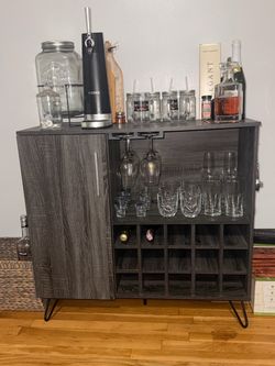 Mid-Century Faux Wood Wine and Bar Cabinet, Black / Sonoma Grey Oak Finish