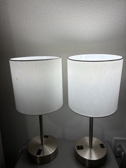 Set of 2 Modern Table Lamps with USB Ports – Silver & White