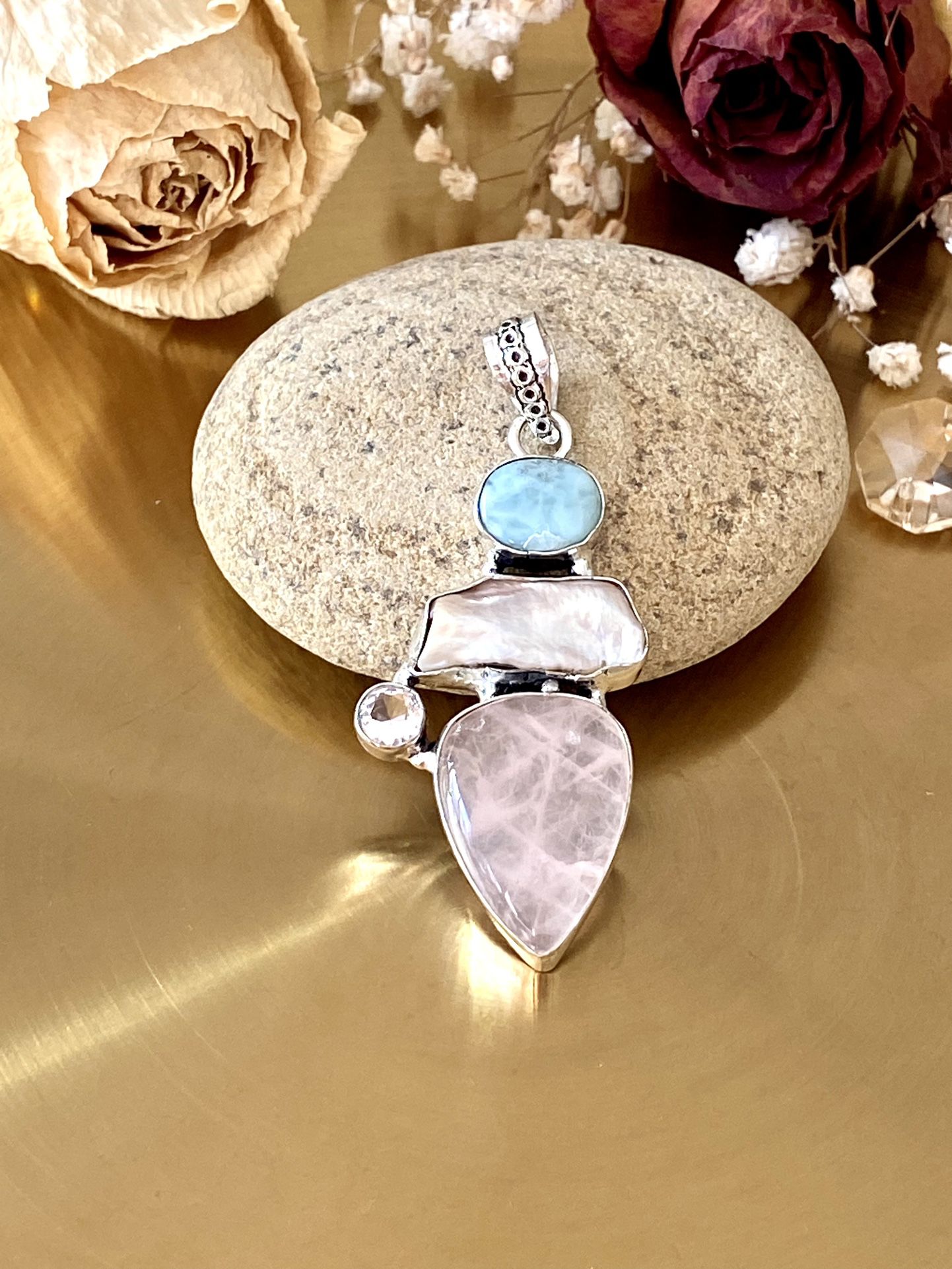 Rose Quartz, Natural Biwa Pearl And Larimar 925 Sterling Silver Overlay Pendant