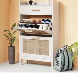 Wood Hidden Shoe Rack - Narrow Shoe Cabinet with Drawer, 2 Tilting Shoe Organizer & Shelf - Rattan Shoe Storage Cabinet for Entryway, Nonslip Shoe Dre